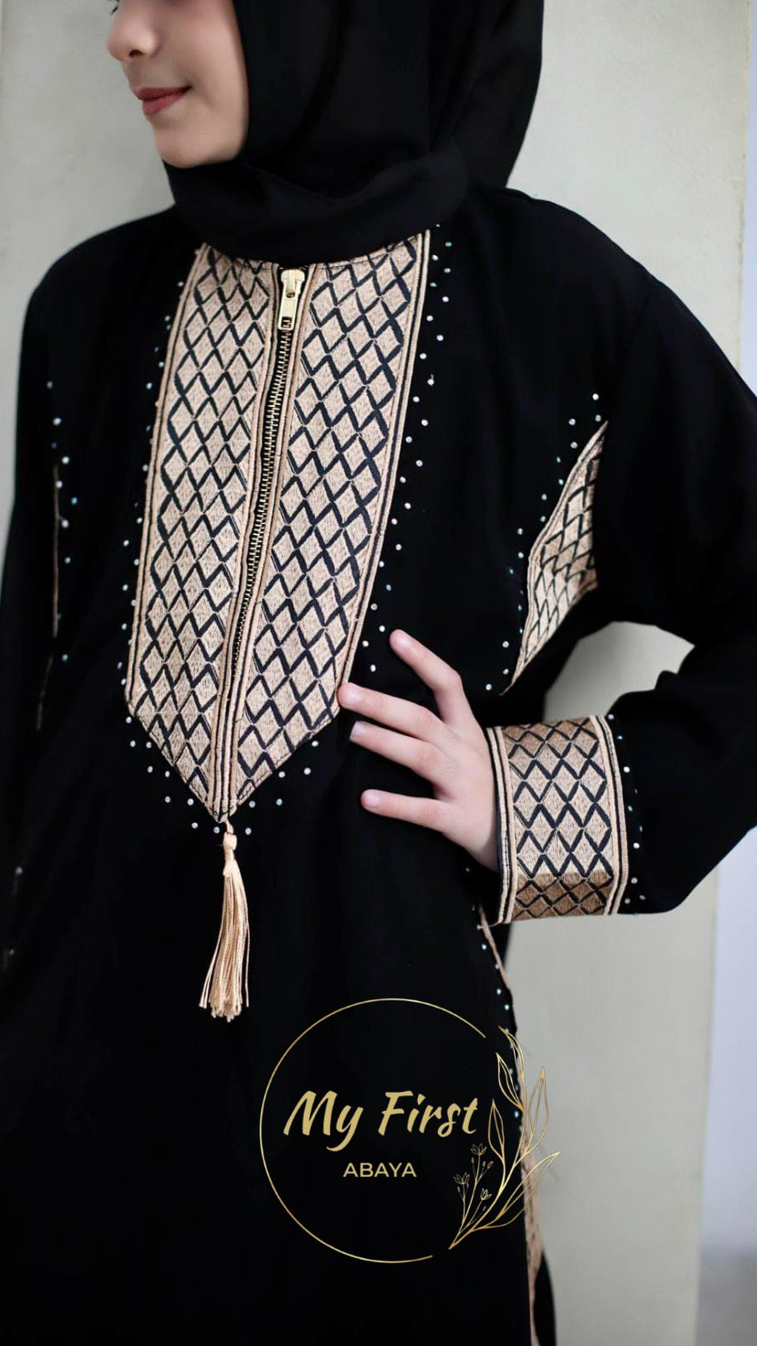 The Madinah abaya. Modest dress for young girls ages 4 to 12 years of age. Plain black chiffonhead scarf is included