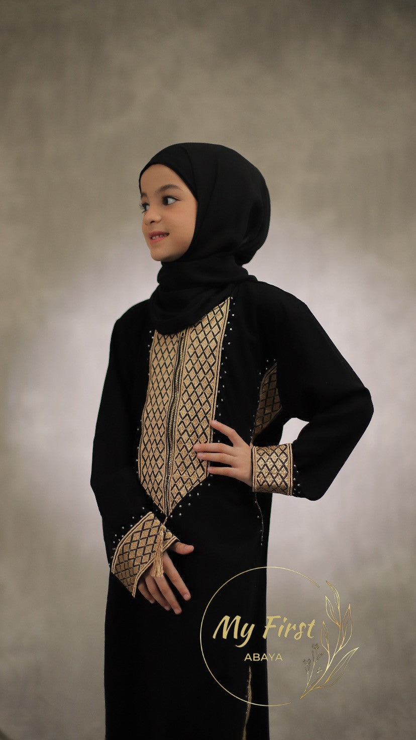 The Madinah abaya. Modest dress for young girls ages 4 to 12 years of age. Plain black chiffonhead scarf is included