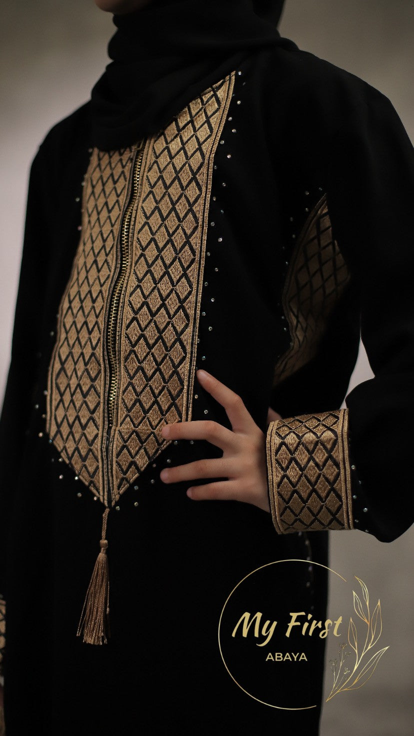 The Madinah abaya. Modest dress for young girls ages 4 to 12 years of age. Plain black chiffonhead scarf is included