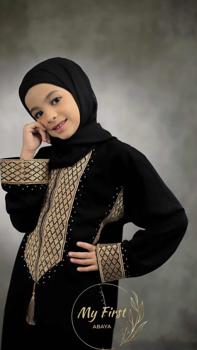 The Madinah abaya. Modest dress for young girls ages 4 to 12 years of age. Plain black chiffonhead scarf is included