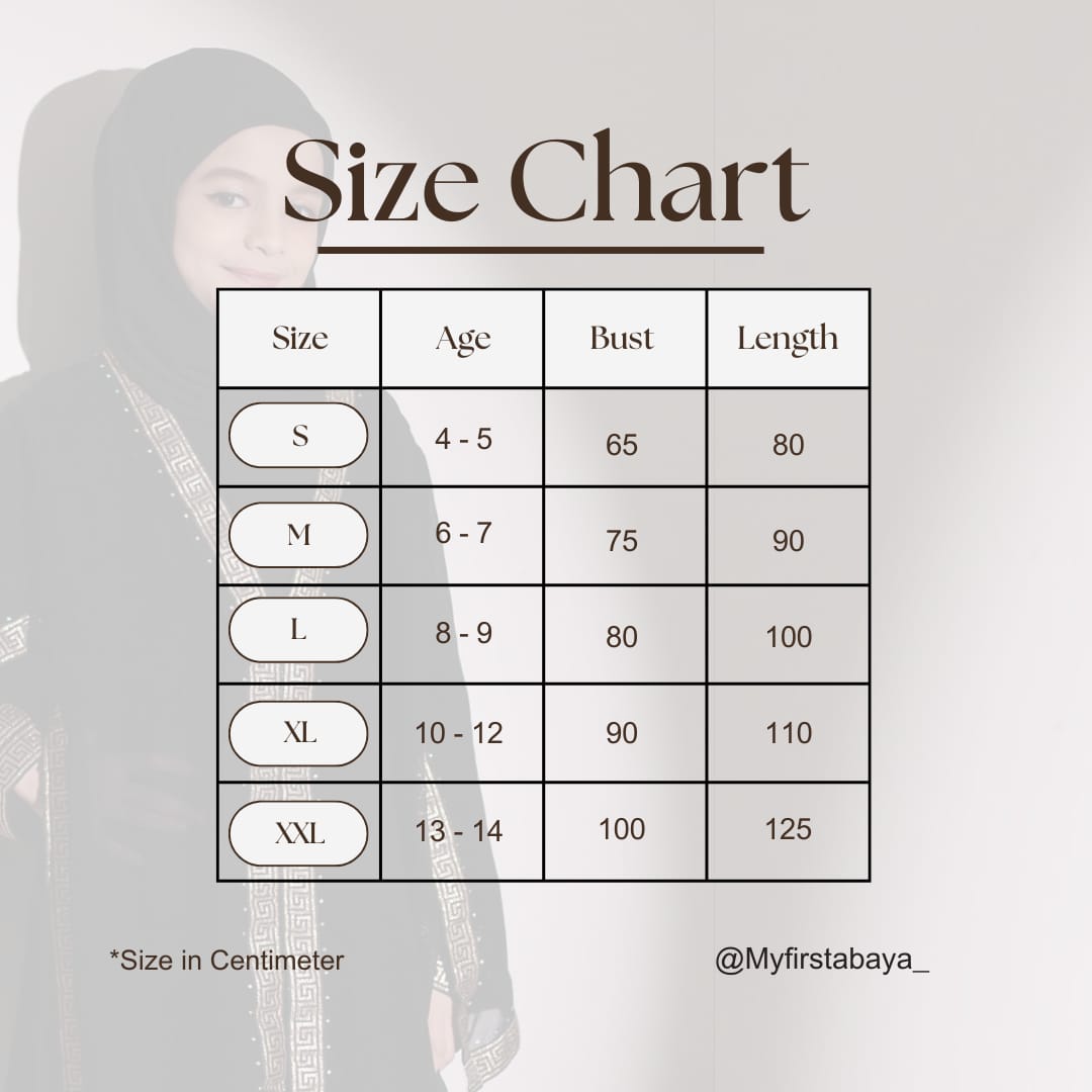 The Zainab abaya. Modest dress for young girls ages 4 to 12 years of age. Plain black headscarf is included.